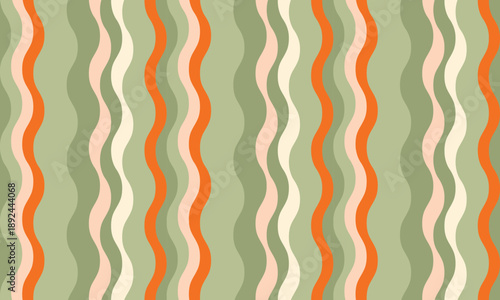Abstract wavy stripes in muted greens, oranges, and creams create a calming yet vibrant pattern.