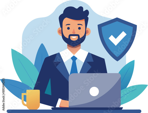 A confident teacher successfully completing cybersecurity training, prepared to protect students in the digital world, vector graphic.