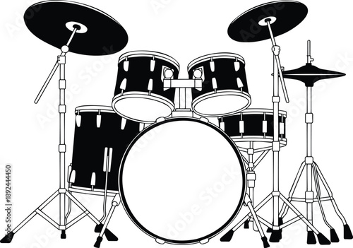 Drum set silhouette illustration in black and white, musical instrument kit icon for rock band, percussion performance, concert stage and music education themes.