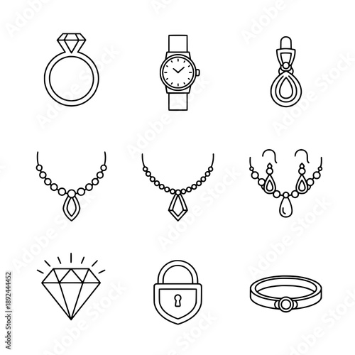 Classic engagement ring, watch, necklace, earrings, and bracelet thin line icon pack for web UI