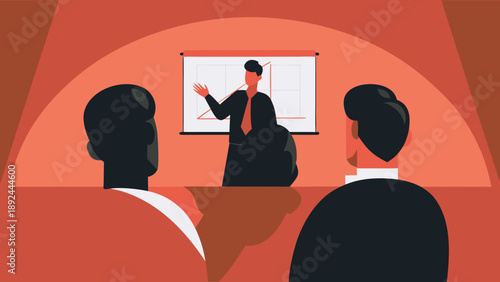 Businessman presenting to colleagues in a modern meeting room with a whiteboard and orange decor