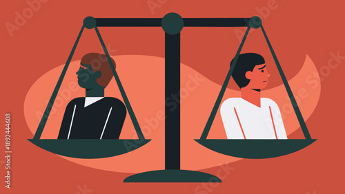 Vector illustration of abstract courtroom with judge and defendant on scales of justice against orange background