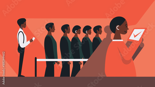 People waiting in line managed by a woman with clipboard and checklist queue organization concept