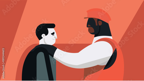 Vector illustration of a public service officer helping a man in a modern orange and black design