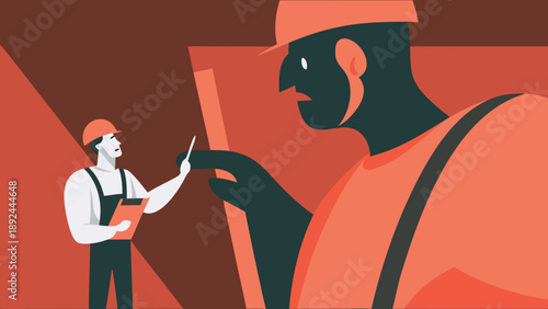Vector illustration of safety inspector examining clipboard with worker in orange uniform and hard hat