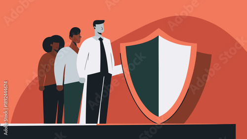 Businessman and team standing with large shield symbolizing protection and security in corporate environment