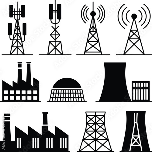 Industrial and communication tower silhouettes set, black and white factory, power plant and wireless antenna icons, technology infrastructure illustration for energy and telecom themes.