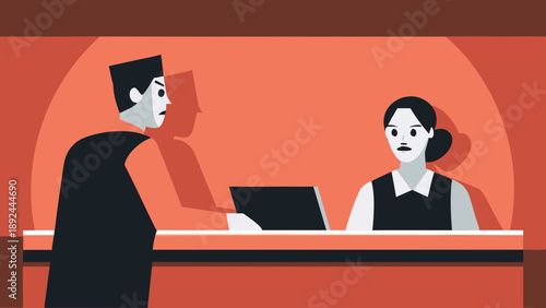 Uniformed security guard and receptionist interacting at a desk with a laptop in a modern office setting with a red background