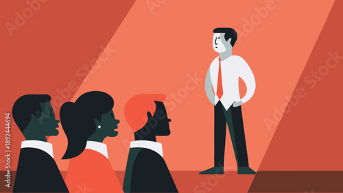 Business leader presents to diverse team in a modern office setting with orange background