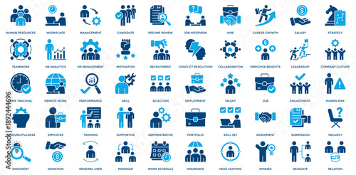 Human Resource icon set. Containing workplace, management, employee, recruitment, job interview, hire, skill, company culture, strategy, teamwork, HR management icon. Dual Tone style