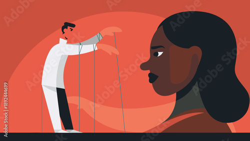 Vector illustration of a man controlling a woman with strings symbolizing manipulation and control in a conceptual artwork