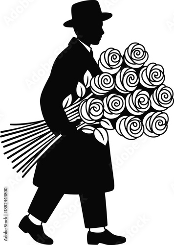 Man holding bouquet of roses silhouette in black and white, romantic flower delivery illustration symbolizing love, wedding gift, Valentine surprise and celebration concept.