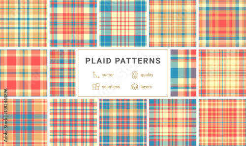 Seamless tartan texture with a classic check design in blue, orange, and red. Perfect for autumn fashion, rustic decor, and versatile fabric prints. A timeless and cozy geometric style.
