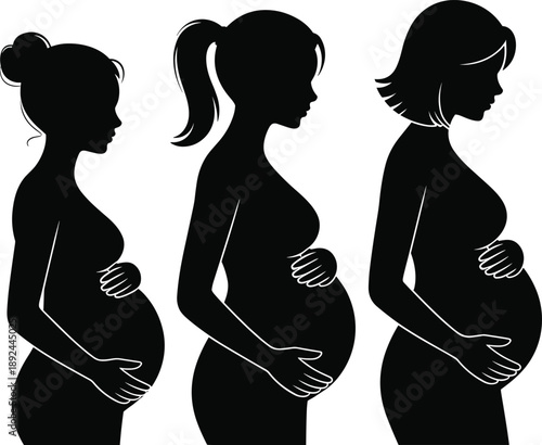 Pregnant women silhouette set in black and white, motherhood maternity illustration showing pregnancy stages, prenatal care, family life and expecting baby concept.