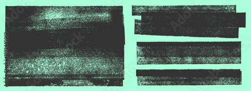 Linocut vector, relief printing textured transparent layered shapes, wide stripes rough textures set. Paint roller rectangle stains, lino ink grunge remains. Artistic aged backgrounds, text frames