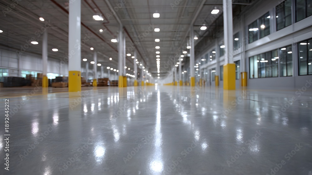 Naklejka premium Spacious clean and bright industrial warehouse interior with a reflective polished concrete floor illuminated by numerous overhead lights