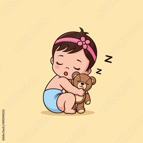 Sleeping Baby Girl Hugging Teddy Bear.