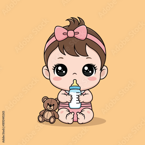 Baby Girl Drinking from Baby Bottle.