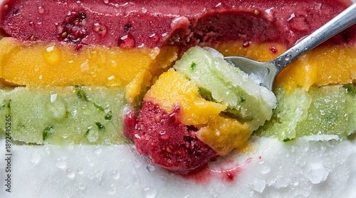 
Close-up of colorful layered fruit sorbet with red, yellow, green, and white sections. Refreshing frozen dessert, vibrant texture, juicy flavors, sweet treat, and summer food concept.