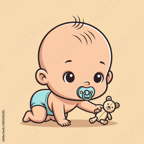 Crawling Baby with Pacifier and Teddy.