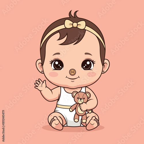 Cute Cartoon Baby Girl with Teddy Bear.