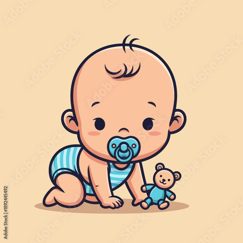 Cute Cartoon Baby with Teddy Bear Toy.