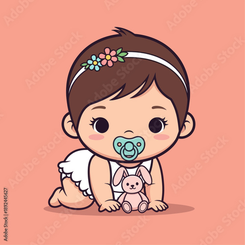 Crawling Baby Girl with Pacifier and Toy.