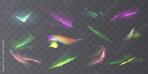Iridescent crystal leak glare reflection effect. Optical rainbow lights, glare, leak, streak overlay. falling confetti.