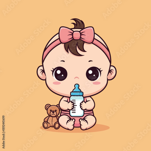 Adorable Cartoon Baby Girl Drinking Milk.