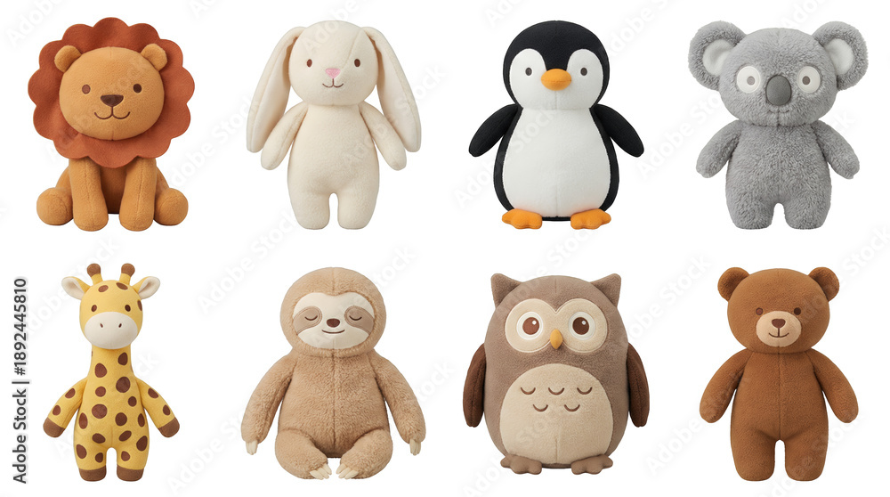 Obraz premium Plush animal toy set including lion, rabbit, penguin, koala, giraffe, sloth, owl, and teddy bear isolated. Soft nursery collection for kids and infants.