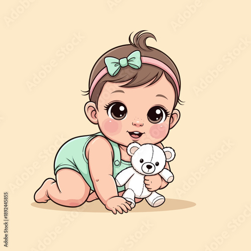 Cute Cartoon Baby Girl Hugging Teddy Bear.
