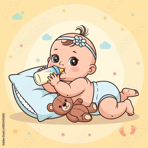 Baby Drinking Milk from Bottle with Teddy.