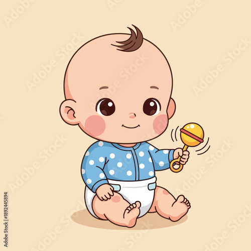 Happy Baby Boy Playing with Rattle Toy.