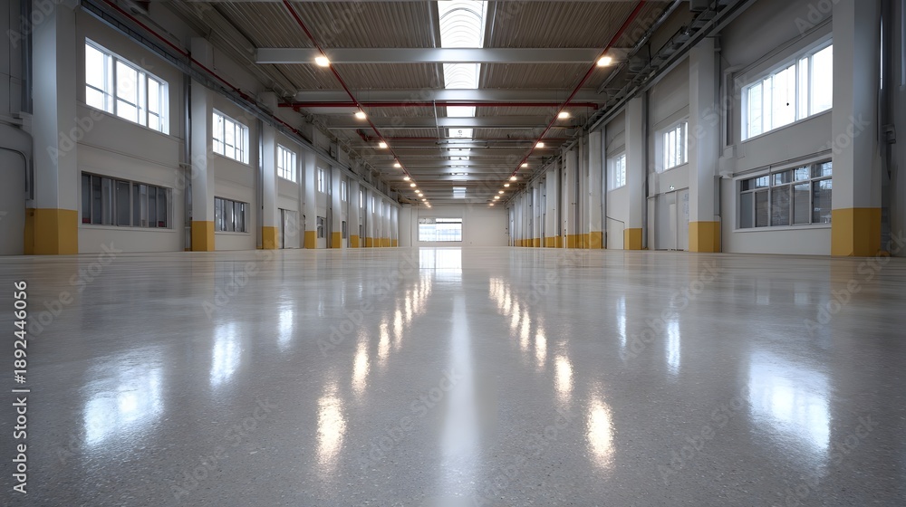 Naklejka premium A wide empty industrial hall with a highly reflective polished floor and natural light from skylights