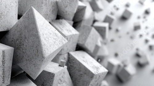 Abstract geometry, floating pyramids bottom left, solid background, text space top right