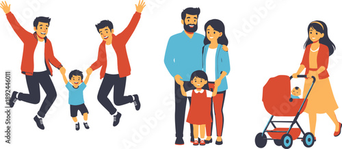 Joyful Families and Parents with Children in Various Happy Moments Vector Illustration