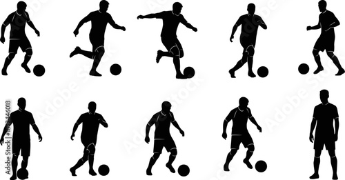 Dynamic silhouettes of male soccer players in various action poses with balls