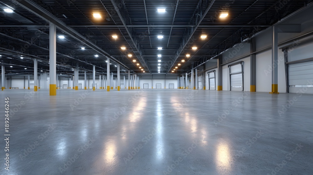 Naklejka premium Vast empty industrial warehouse interior with polished concrete floor reflecting bright overhead lighting and structural columns