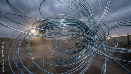 Dynamic metallic chaos A mesmerizing explosion of intertwined wires frozen in time, symbolizing complex connectivity and modern infrastructure