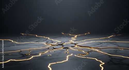 Golden Kintsugi cracks on dark marble. Abstract background of repair, resilience, and beauty in imperfection.