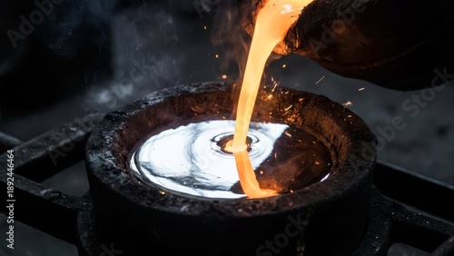 Molten metal stream being carefully poured into a crucible during a high-temperature industrial process, showcasing metallurgy and casting techniques