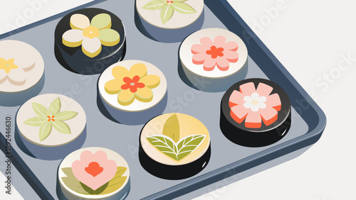 Flat vector illustration of handcrafted japanese wagashi sweets on a tray with floral designs with japanese sweets and flat design and food illustration