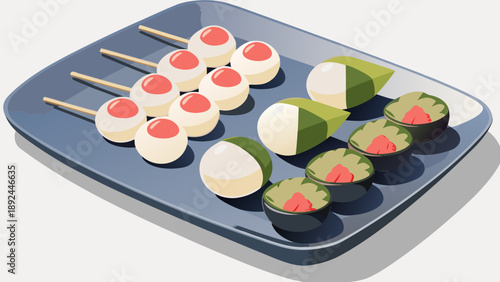 Flat vector illustration of various japanese sushi pieces on a blue plate including maki rolls and nigiri with salmon and white fish on skewers