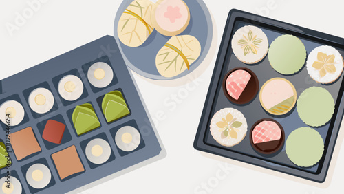 Flat vector illustration of premium japanese desserts including mochi on trays and plate with flat design and premium dessert and sweet treat