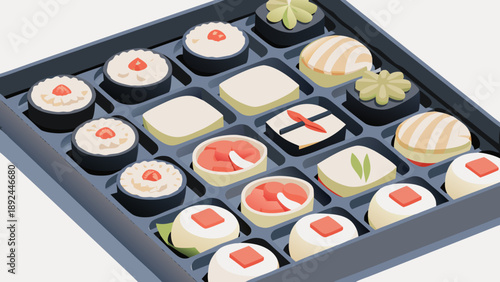 Flat vector illustration of assorted wagashi desserts in a tray for japanese tea ceremony or traditional sweets display with food and pastry