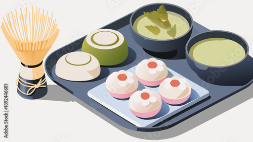 Flat vector illustration of traditional japanese wagashi sweets and tea on a tray with a whisk with Japanese sweets and traditional sweets and matcha