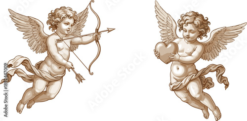 Vintage Style Cupid Angel Vector Set Featuring Cherubs with Bow, Arrow, and Heart Symbols for Valentine's Day, Wedding Invitations, and Romantic Greeting Card Designs