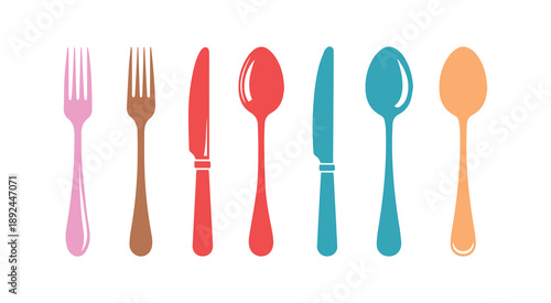 Multicolored glyph icons representing forks, knives, and spoons. Utensils for dining at home. Kitchen essentials. Gorgeous design of dinnerware. Vector illustration isolated.

