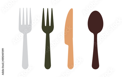 Forks, knives, and spoons in a vibrant glyph style. Eating utensils for home use. Kitchen tools. Attractive tableware design. Isolated vector image.


