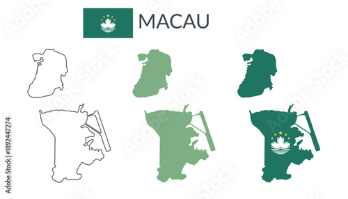 Macau geographical borders isolated on white background. Flag of Macau. Vector flat cliparts.